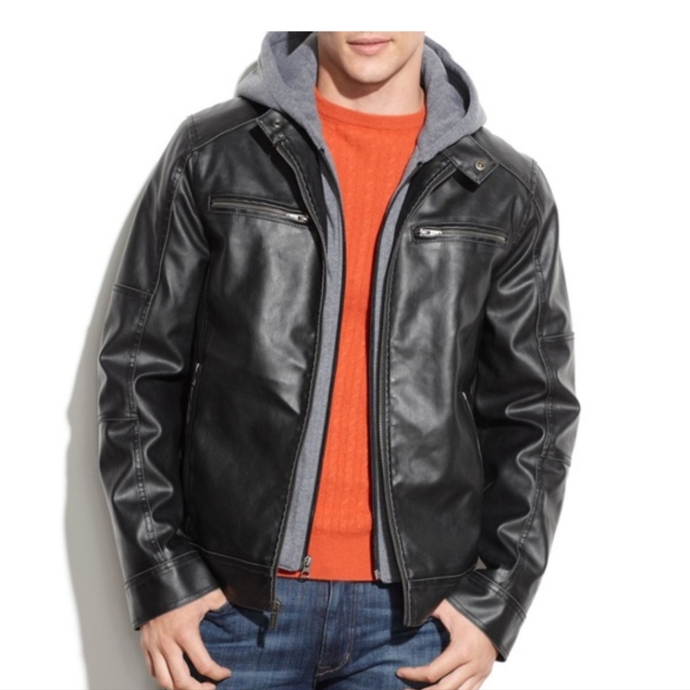 Guess Men's Hooded Faux Leather Jacket